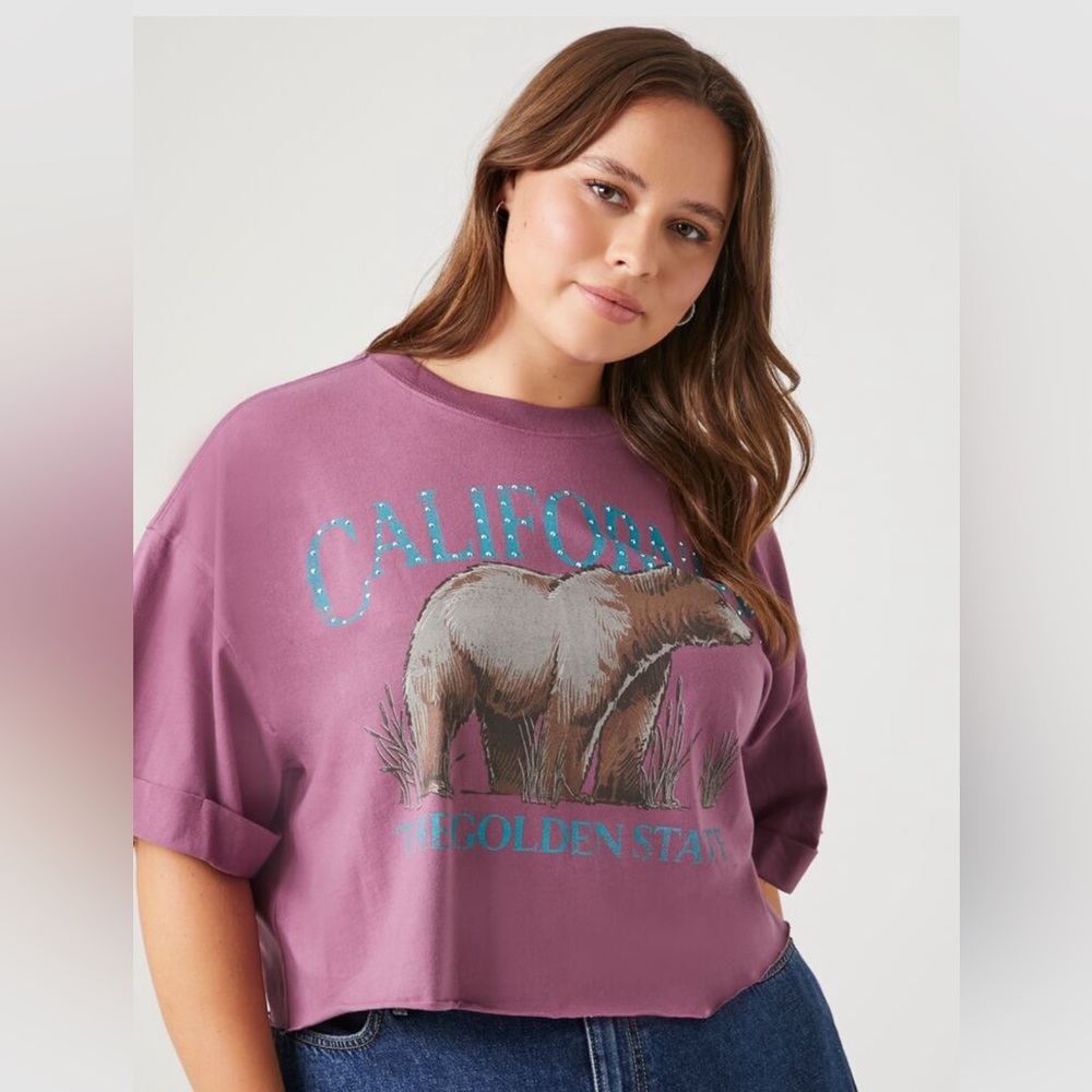 FOREVER 21 PLUS SIZE PURPLE CALIFORNIA STUD GRAPHIC CROPPED T SHIRT SIZE 2X XXL